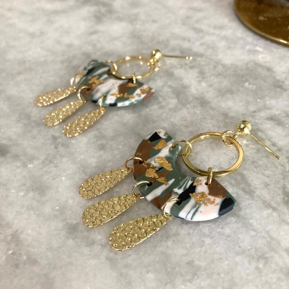 Polymer Clay Gold Flecked Metal Tassel Boho Gold Earrings - Picture 5 of 6